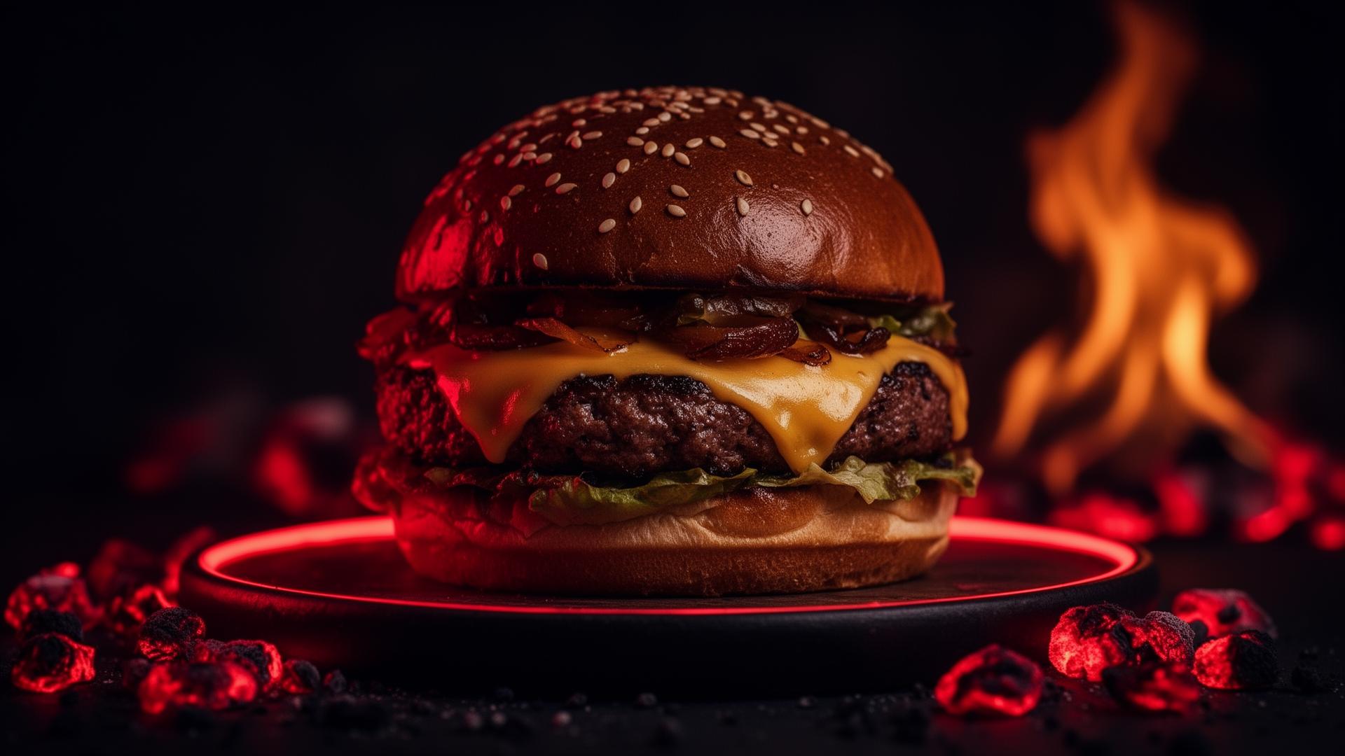 Cheese burger with flames